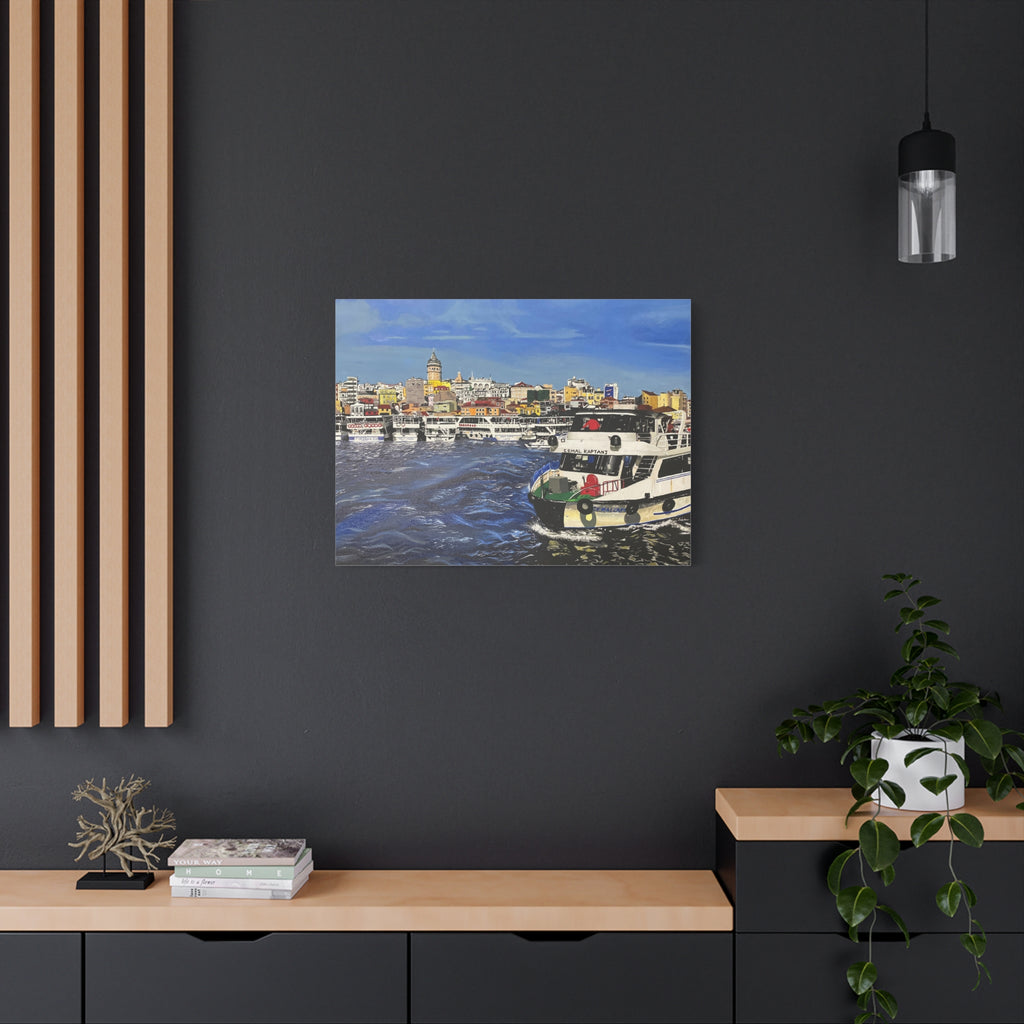 Framed artwork of a harbor scene on a dark wall above a wooden console table.