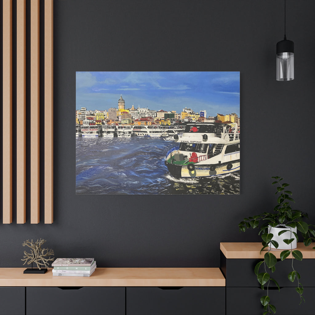 Framed artwork of a cityscape with boats on a dark wall above a wooden shelf.