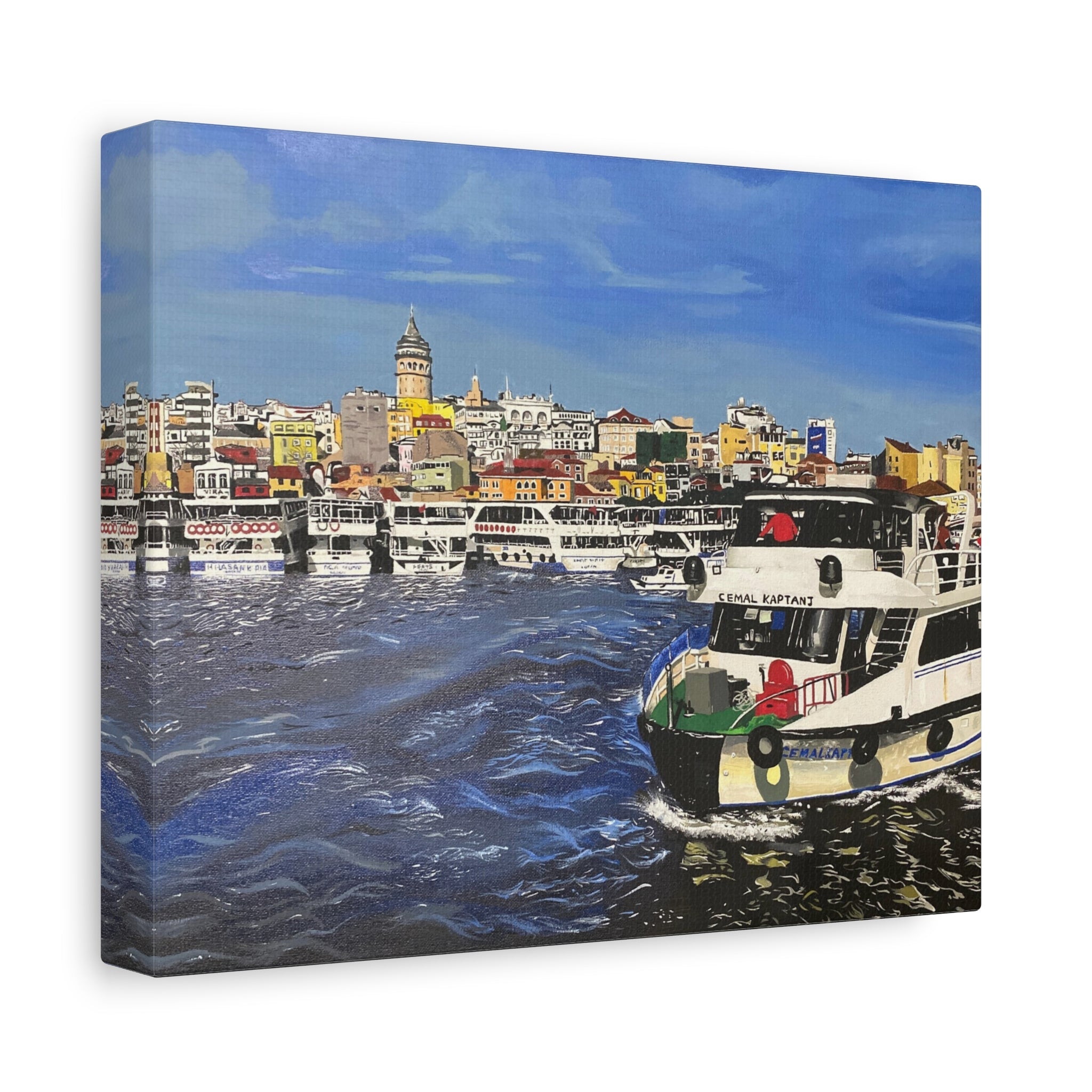 Cityscape with boats on a body of water, featuring a prominent clock tower.