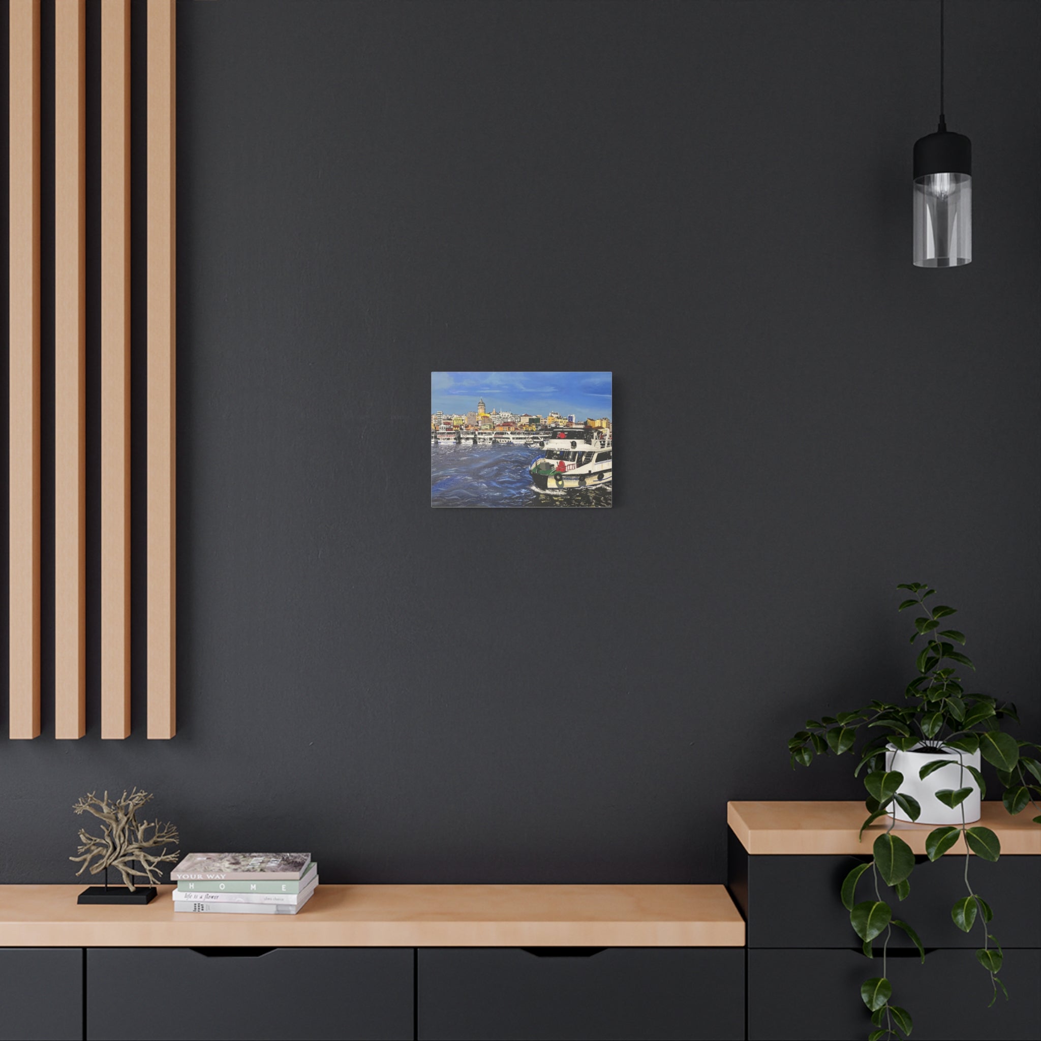 Modern interior with a dark wall, wooden shelves, and a floral painting.