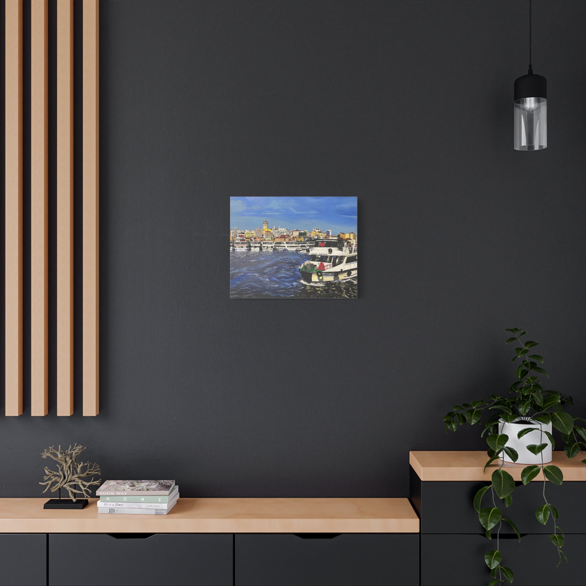 Art print of birds on a dark wall with wooden shelves and decor.