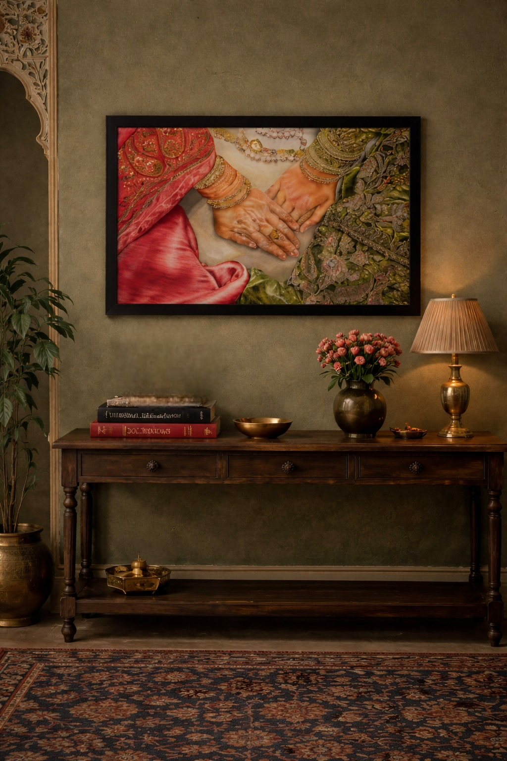 Decorative room interior with a framed artwork, table, and lamp.