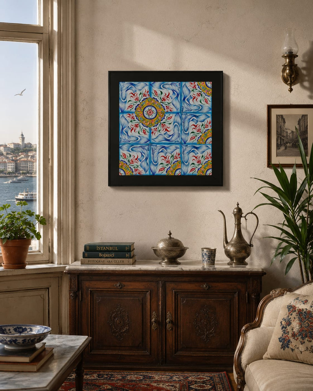 Decorative tile artwork in a living room with a window view of a cityscape.