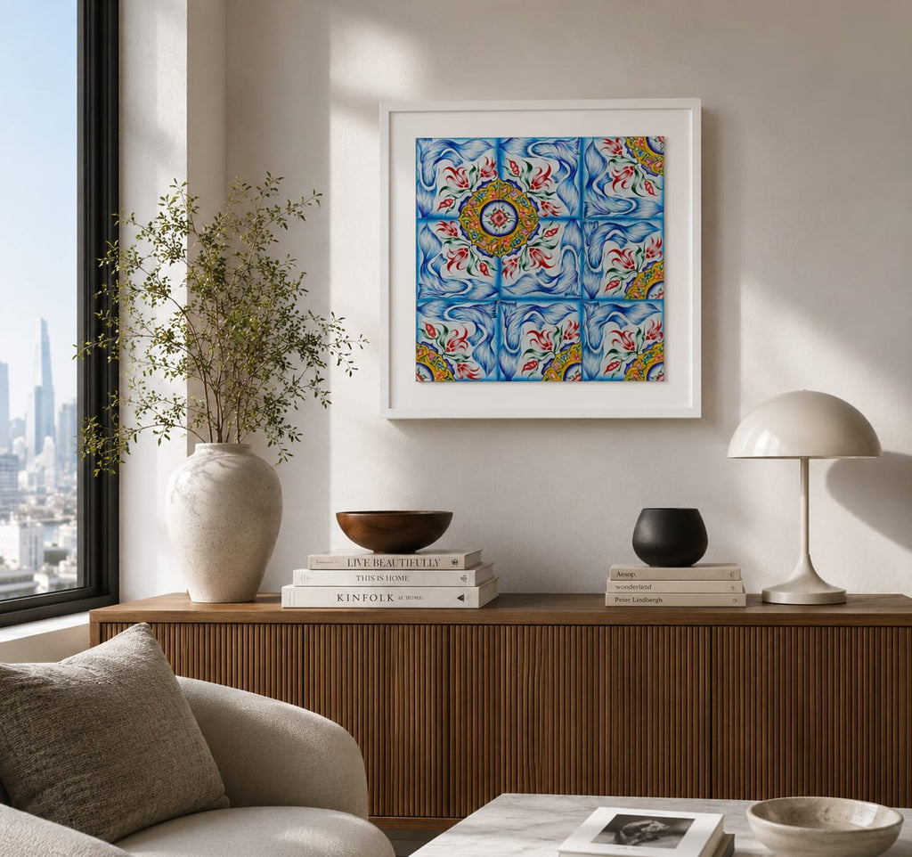 Living room with a colorful abstract painting on the wall, books, and decorative items.