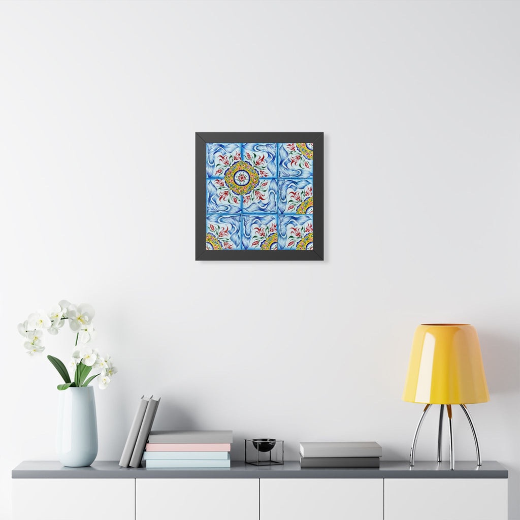 Framed artwork of a cathedral scene on a wall above a table with decor items.