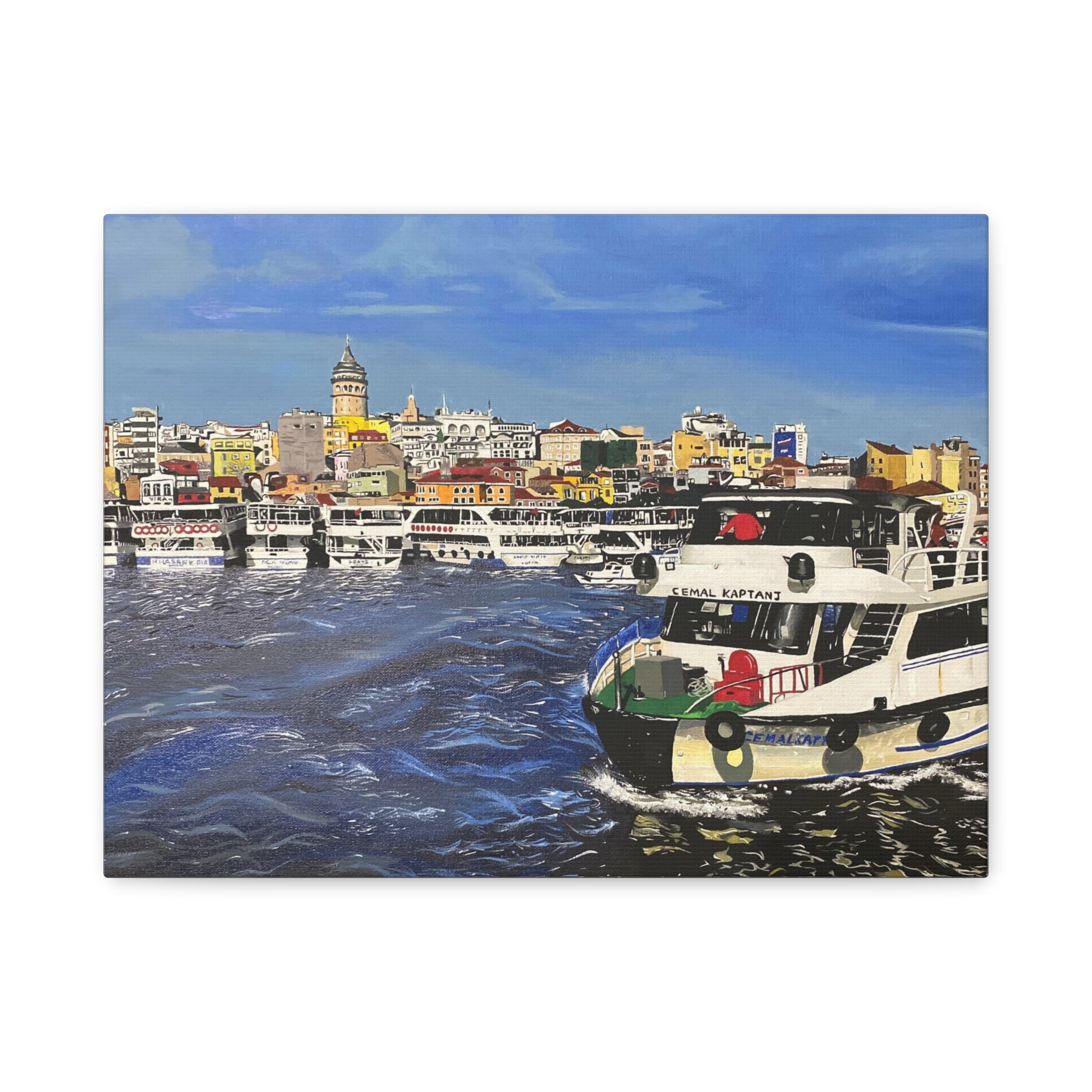 Cityscape with boats on water and colorful buildings
