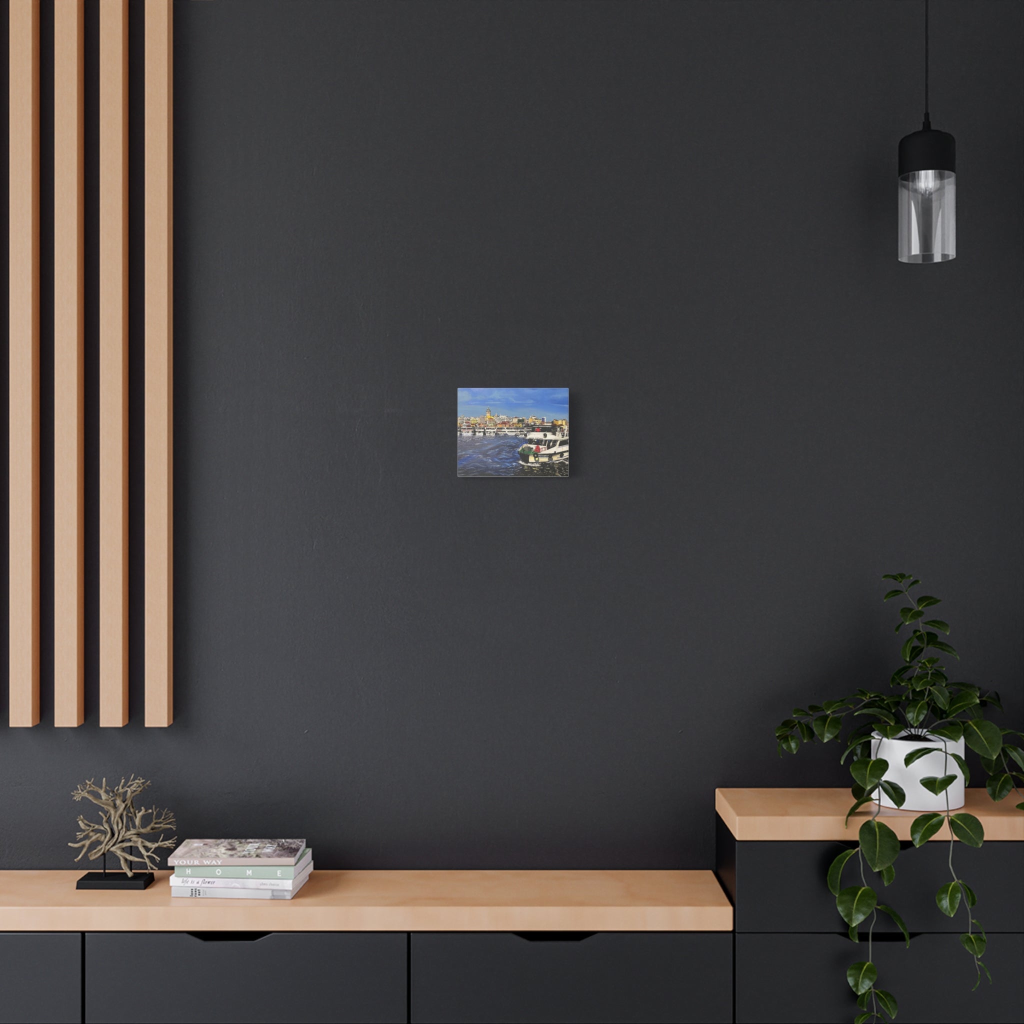 Modern interior with black walls, wooden shelves, and a small painting.