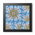 Framed artwork with a colorful abstract design featuring blue, red, and yellow patterns.