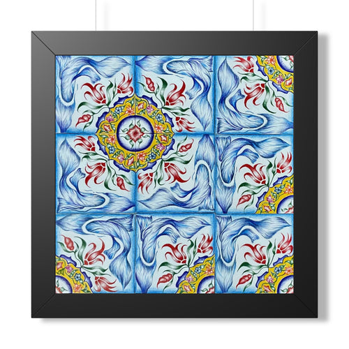 Framed artwork with a colorful abstract design featuring blue, red, and yellow patterns.
