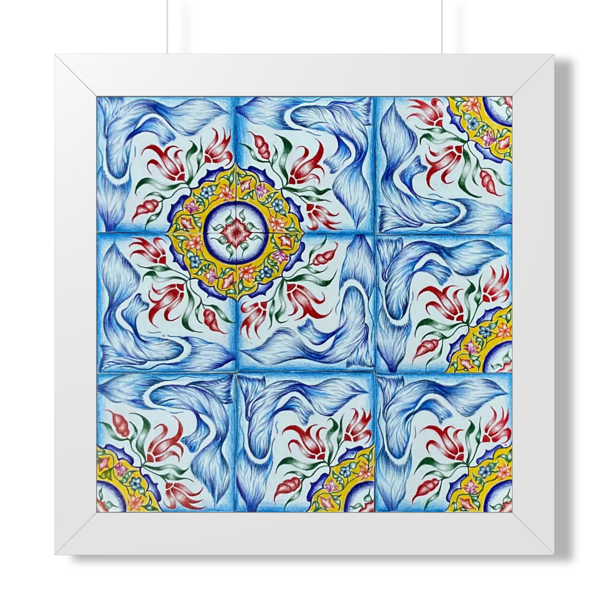 Framed artwork with a colorful tile pattern featuring blue, red, and yellow colors.