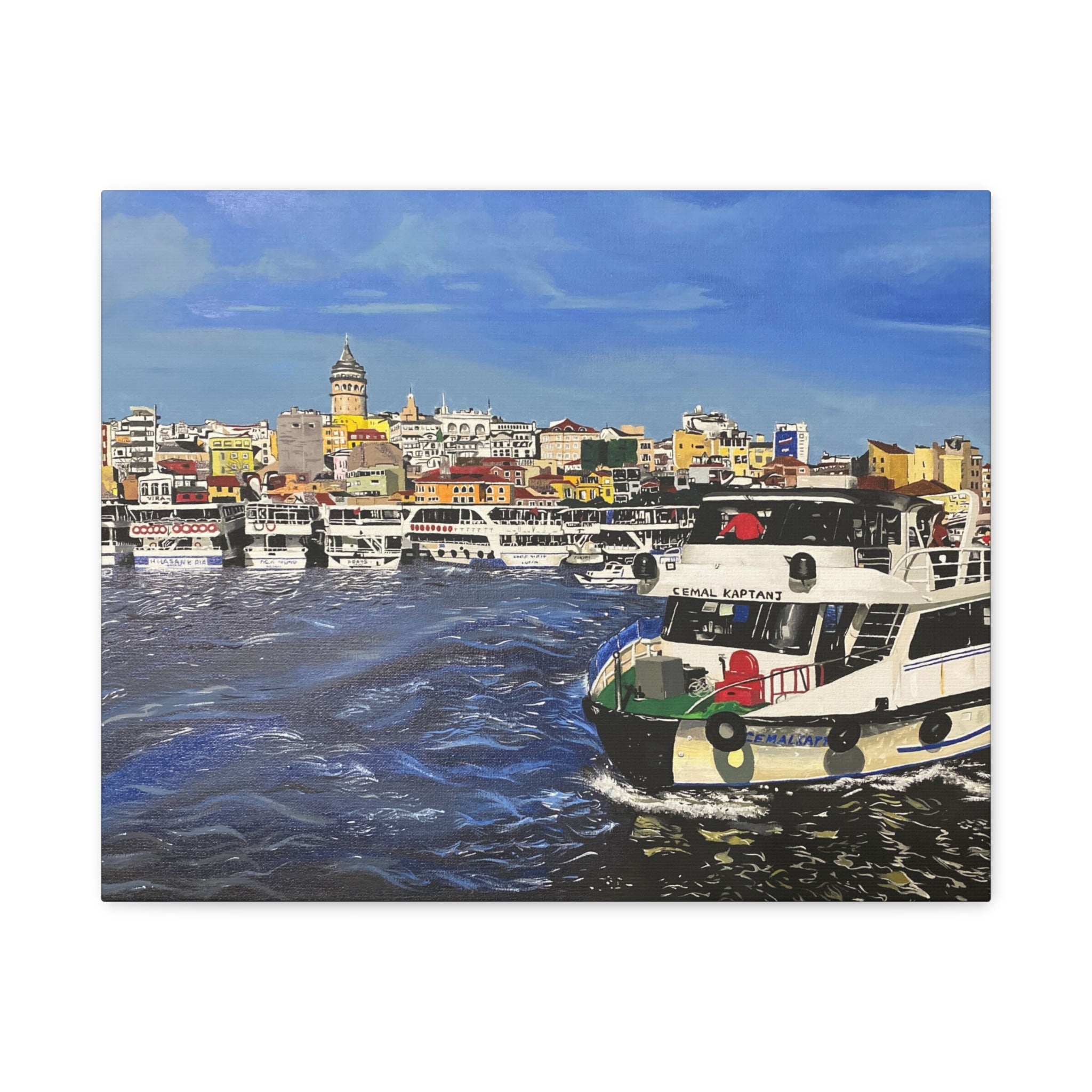 Ferry boat on water with cityscape in the background