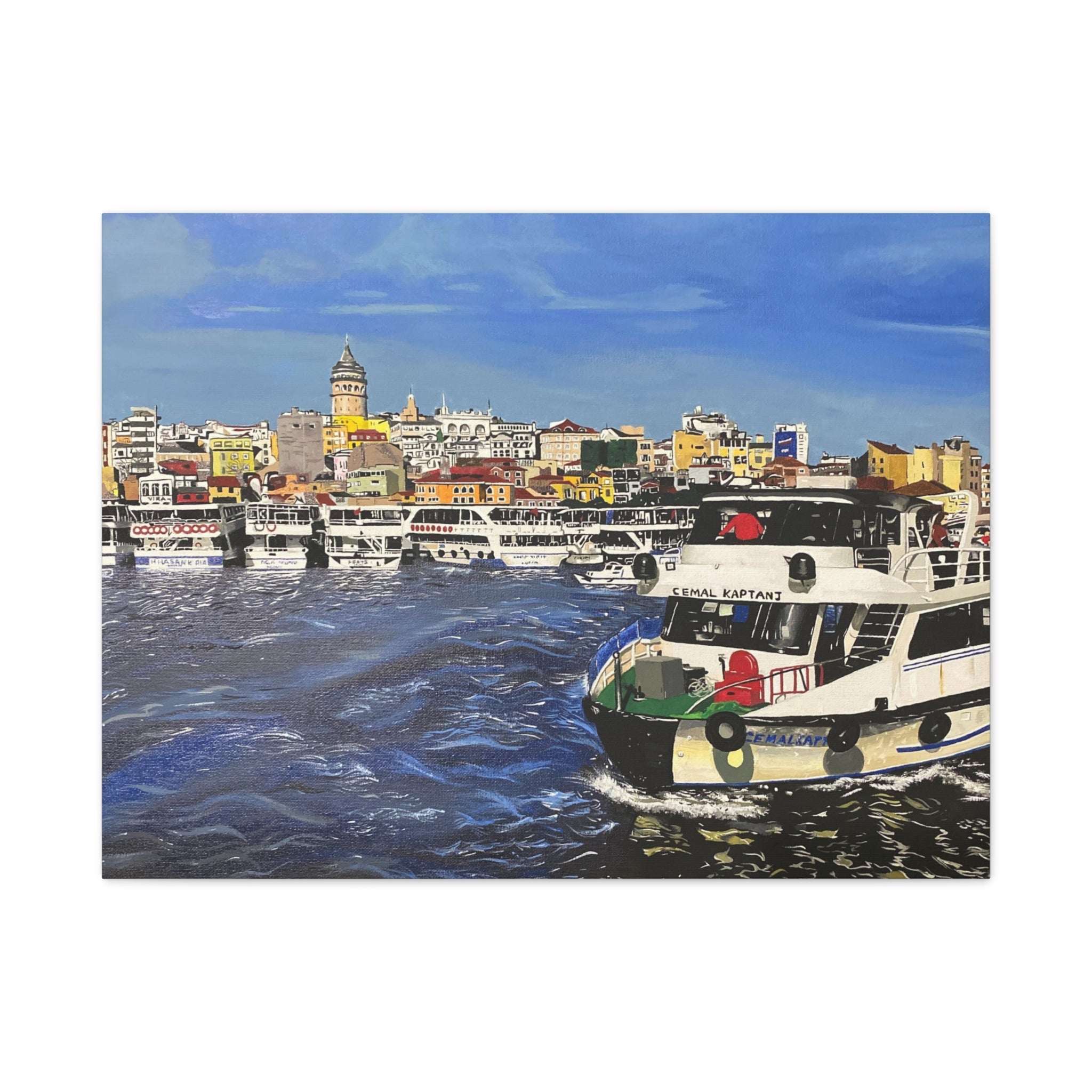 Boats on a body of water with a cityscape in the background
