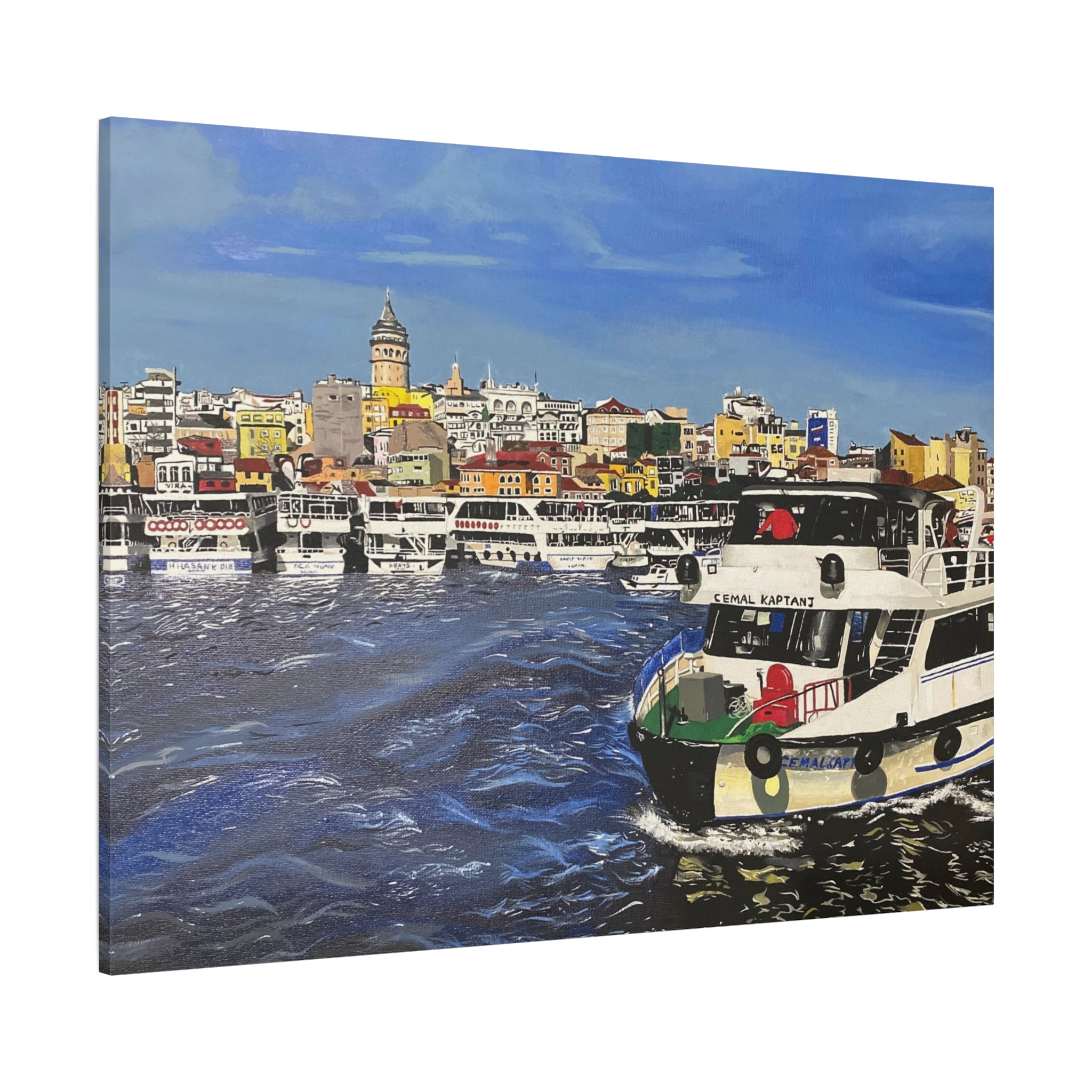 Cityscape with boats on water and buildings in the background