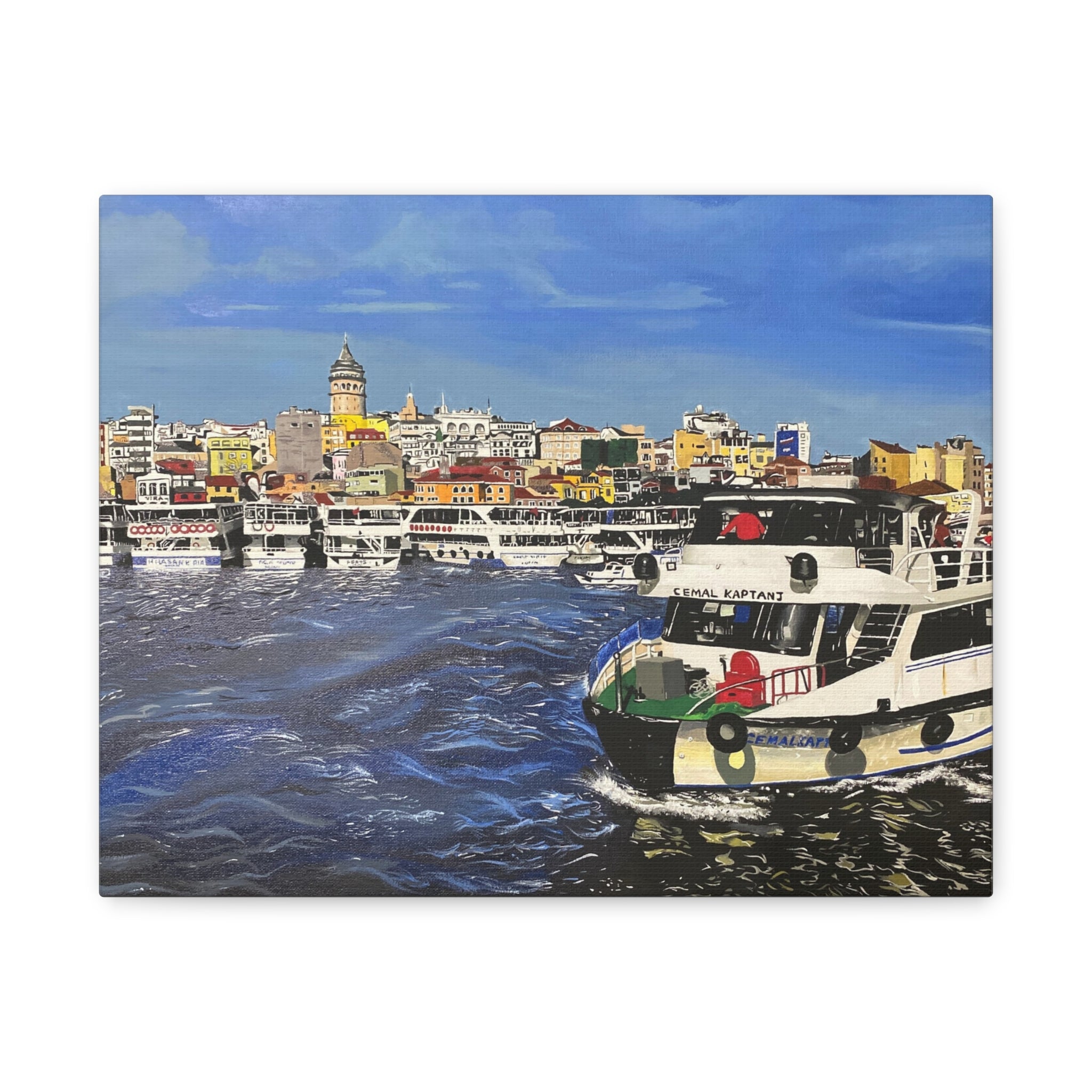 Cityscape with boats on a body of water, featuring colorful buildings and a clear sky.