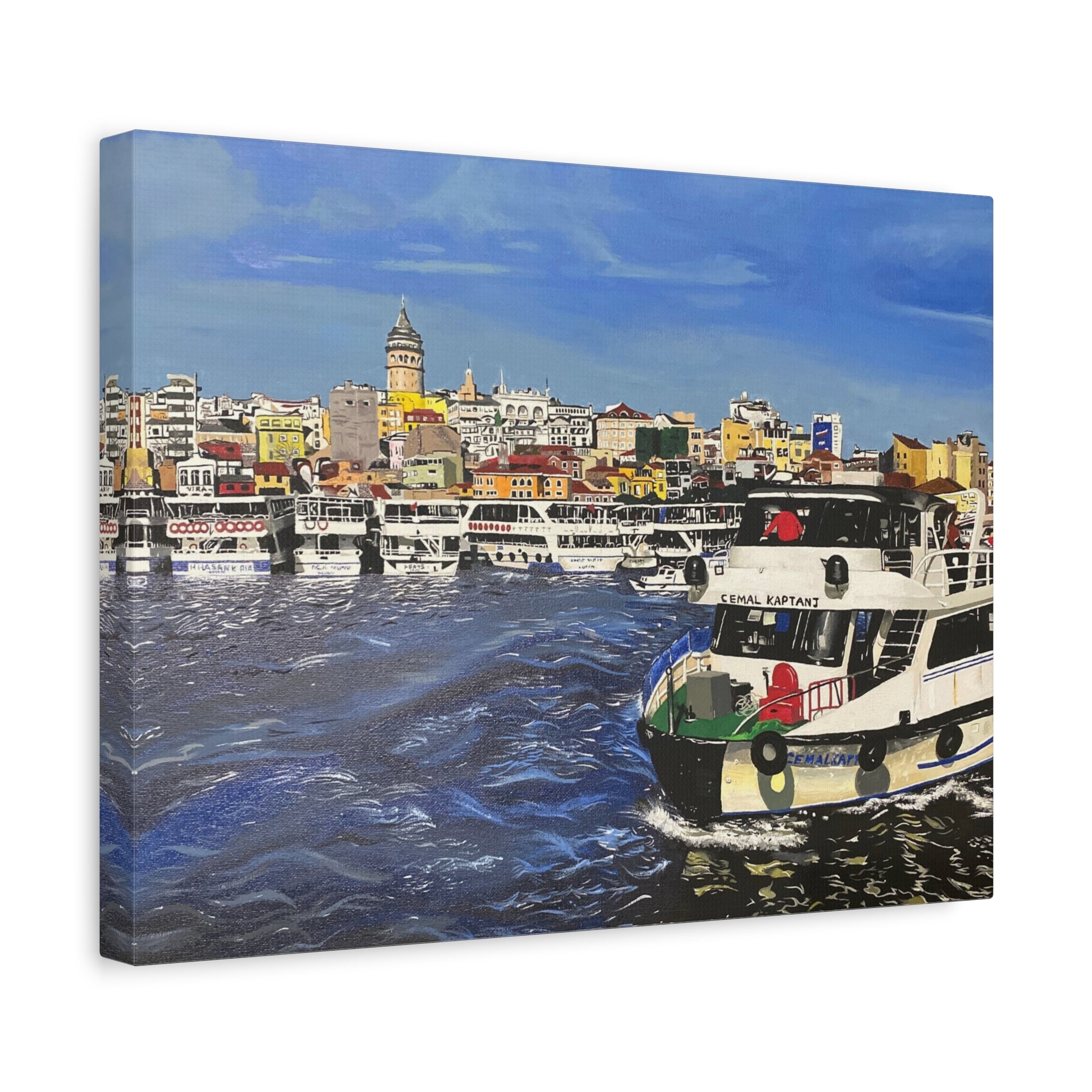 Cityscape with boats on water and a prominent tower, likely in Istanbul.