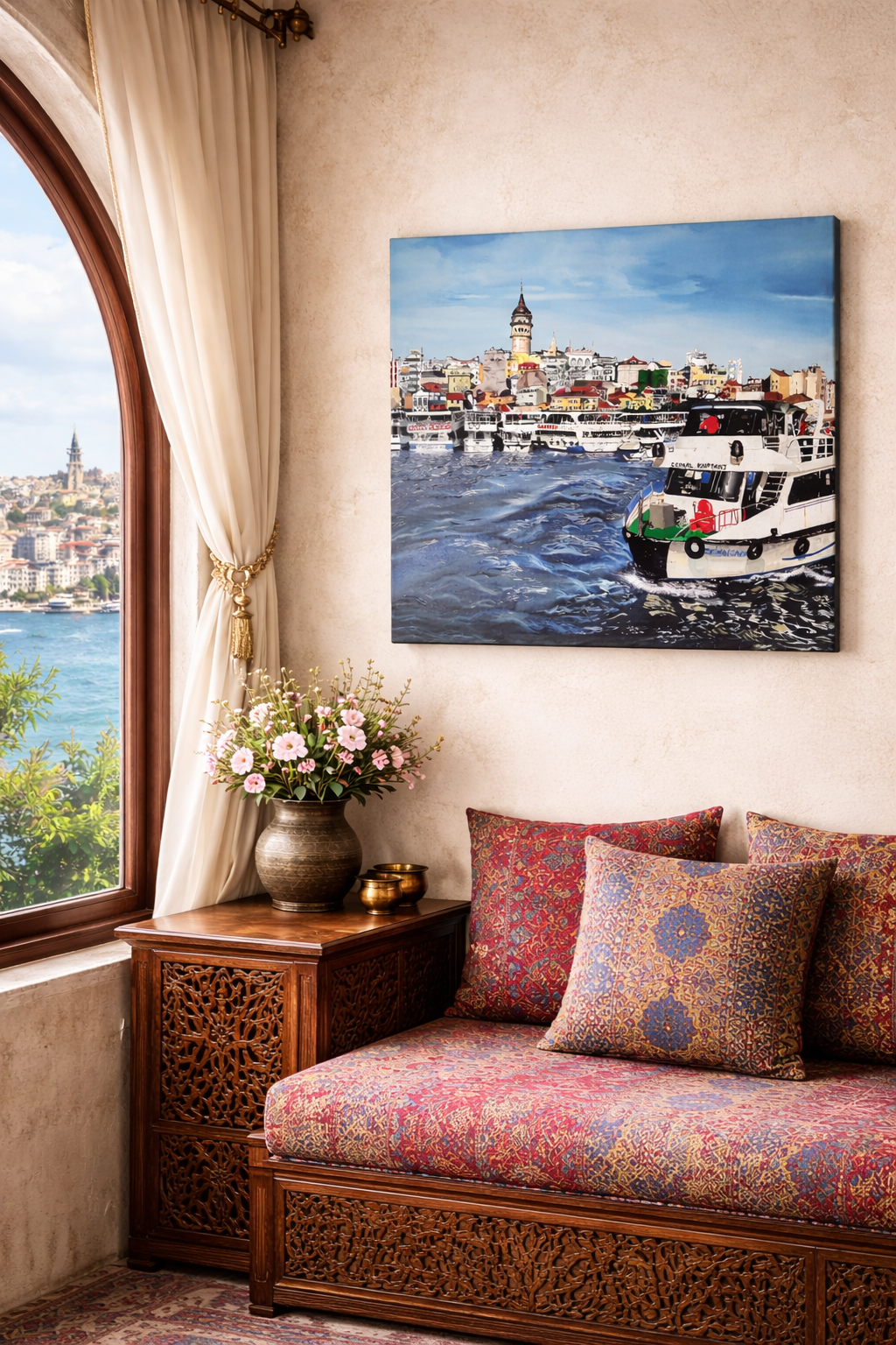 Decorative interior with a sofa, floral arrangement, and a painting of a cityscape by a window.